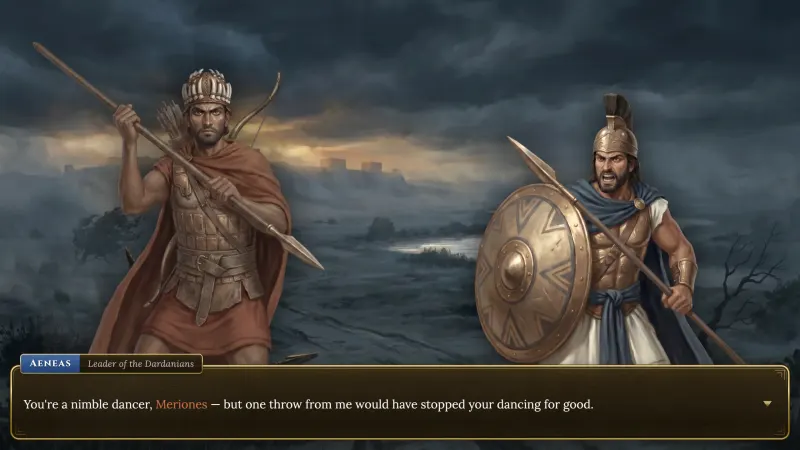 Aeneas and Meriones facing off below the walls of Troy